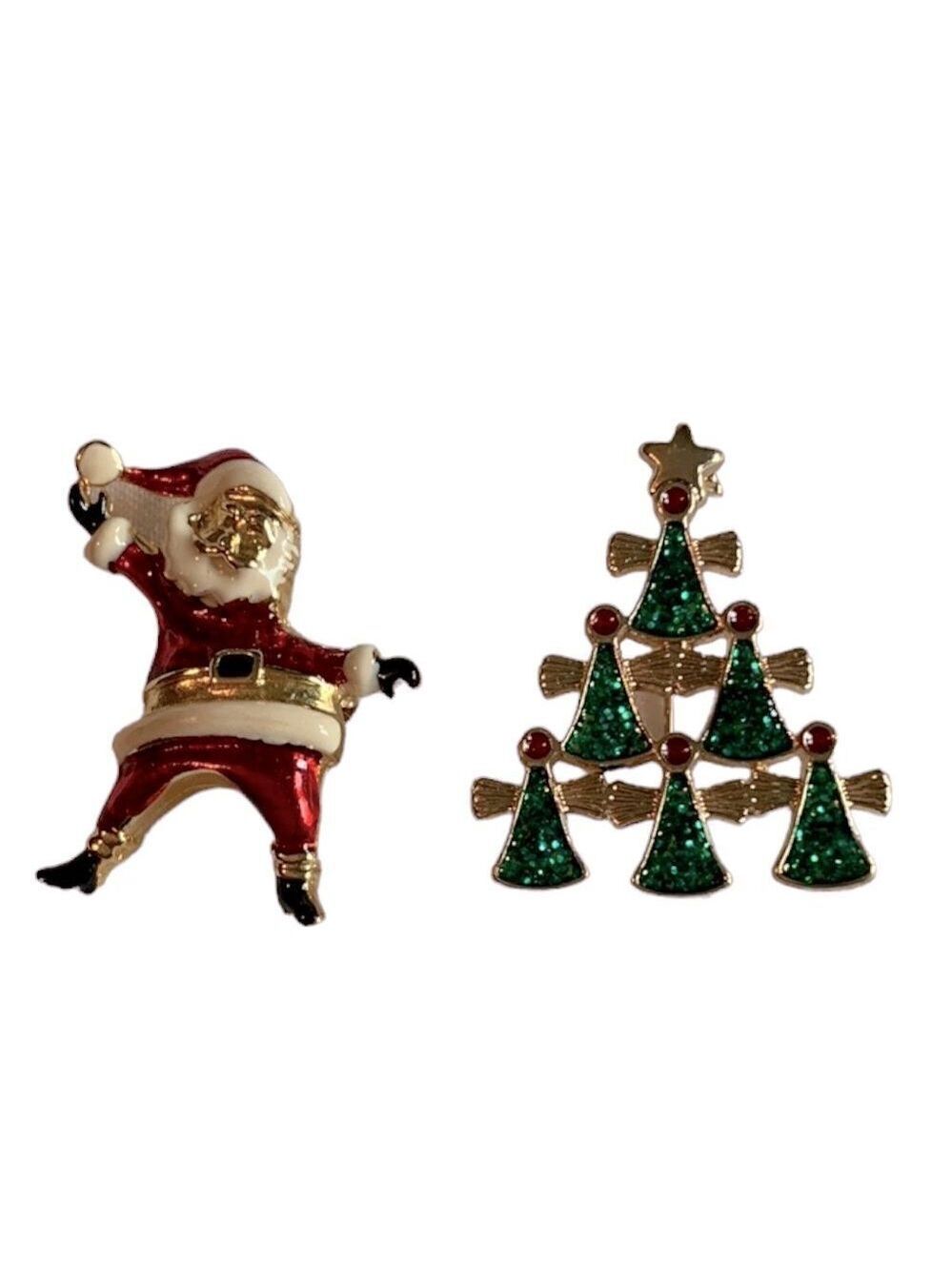 PAIR of Christmas Pins - Santa and Angel Tree Brooches
